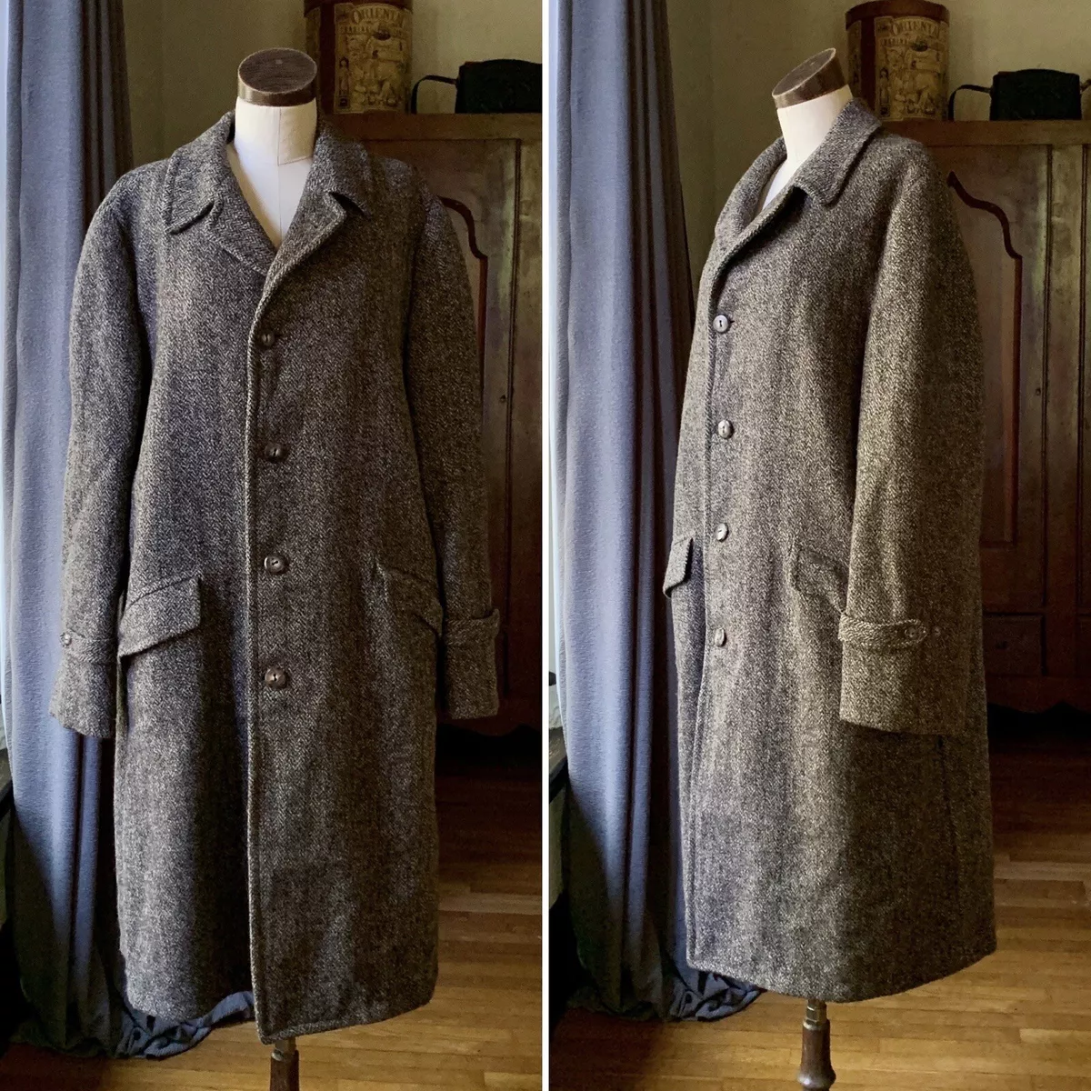 HARRIS TWEED Men's Vintage 1950s Wool Top Coat Overcoat Jacket XL WOW