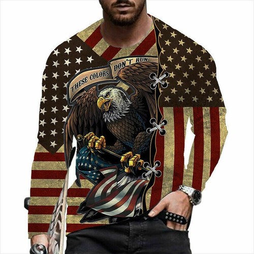 T Shirts Men Vintage USA American Flag Eagle Long Sleeve Patriot Vintage T-Shirt - 第 1/1 張圖片