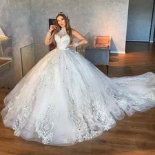 Ball Gown Wedding Dresses High Neck Lace Appliques Crystal Beaded Button Back