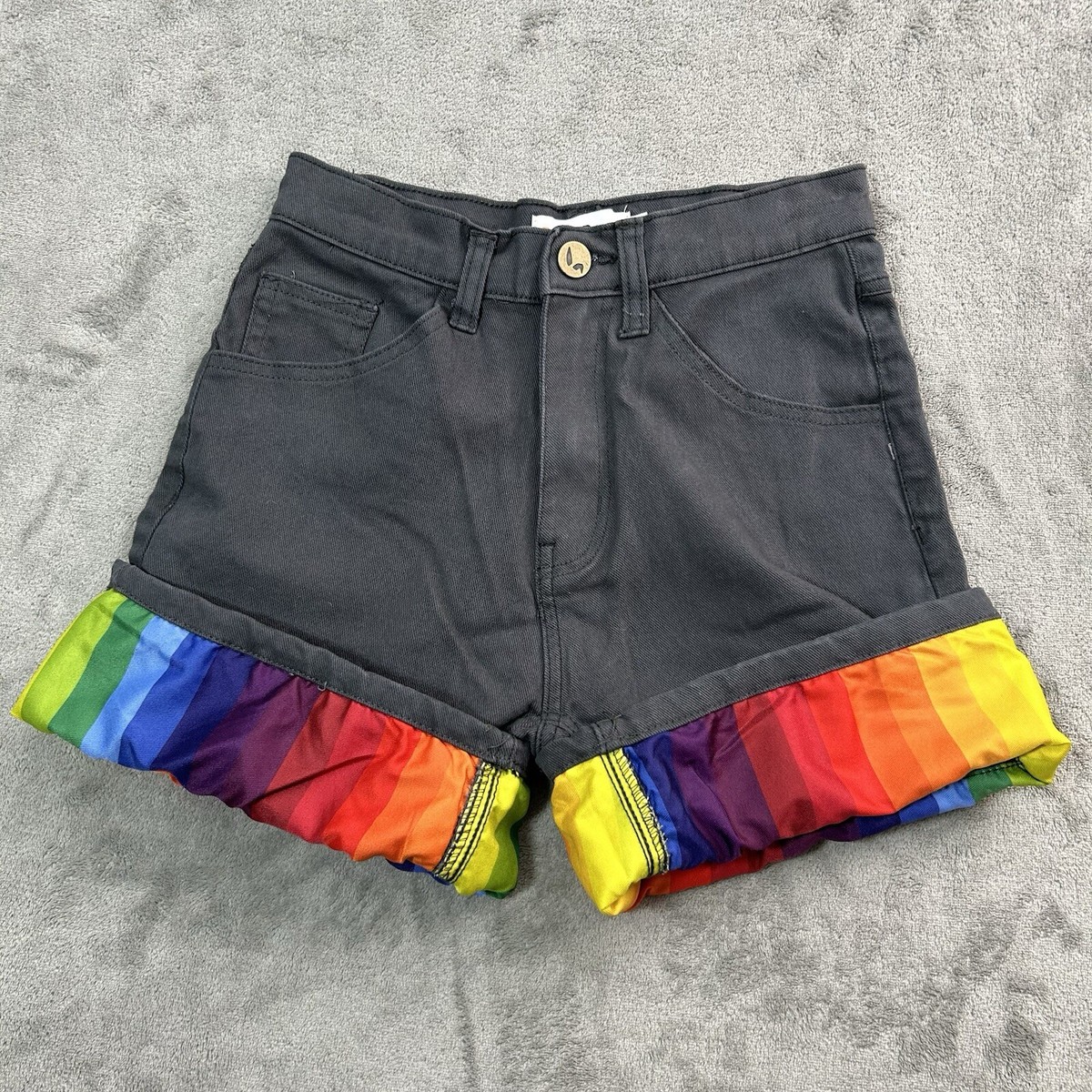 Pride Bunny Shorts Womens 26 Gray Denim Shorts Roll Up Rainbow