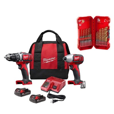 Milwaukee 18V 2-Tool Combo Kit Drill + Impact Driver w/ 23-PCS Twist Drill Bit