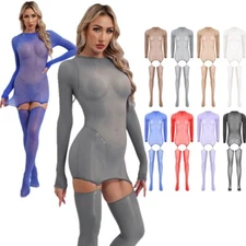 Womens Glossy Sheer Bodystocking Long Sleeve Bodysuit Catsuit Sexy Jumpsuit
