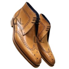 New Men's Brown Color High Ankle Wing Tip Brogue Toe Genuine Leather Dress Boots