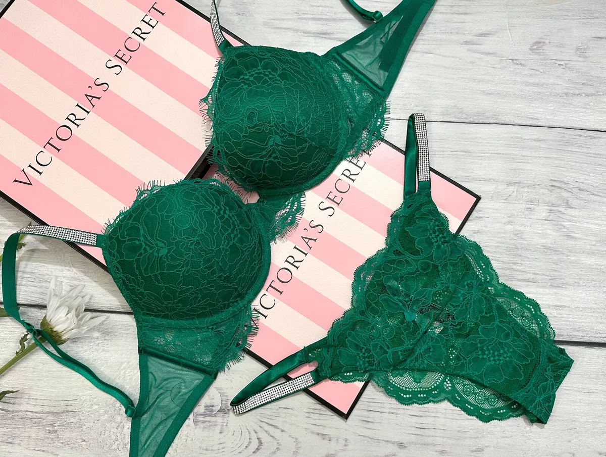 Victoria's Secret Shine Strap Lace Push-Up Bra Brazilian Set Green