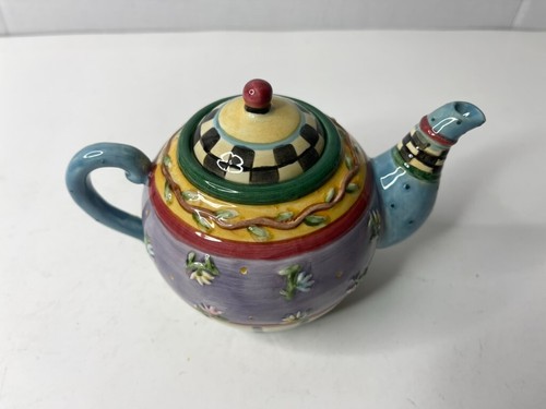 Debbie Mumm Teapot  5” Tall Sakura Kitsch Floral checker Ceramic Kitchen Decor - Picture 2 of 18