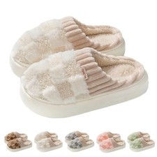 Checkered Slipper House Slippers for Women Men Plush Warm Fuzzy 8.5-9 Beige