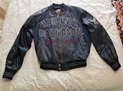 Vintage Harley Davidson Denim Leather Jacket (Medium) Emblem Motorcycle