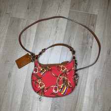 Vintage Ralph Lauren Red Printed Equestrian Canvas Leather Crossbody Saddle Bag