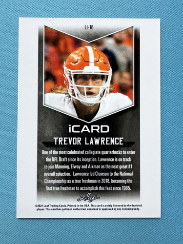 Tarjeta de fútbol americano de novato Leaf iCard XRC 2021 Trevor Lawrence #LI-16 - Imagen 2 de 2