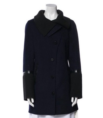 MACKAGE Thick Wool Jacket Trench Pea Coat Women s M Navy Knit Layered Collar