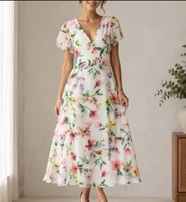 Kensie Flowy White Multi Floral Midi Dress Cap Sleeve Size 2 Elegance New 128