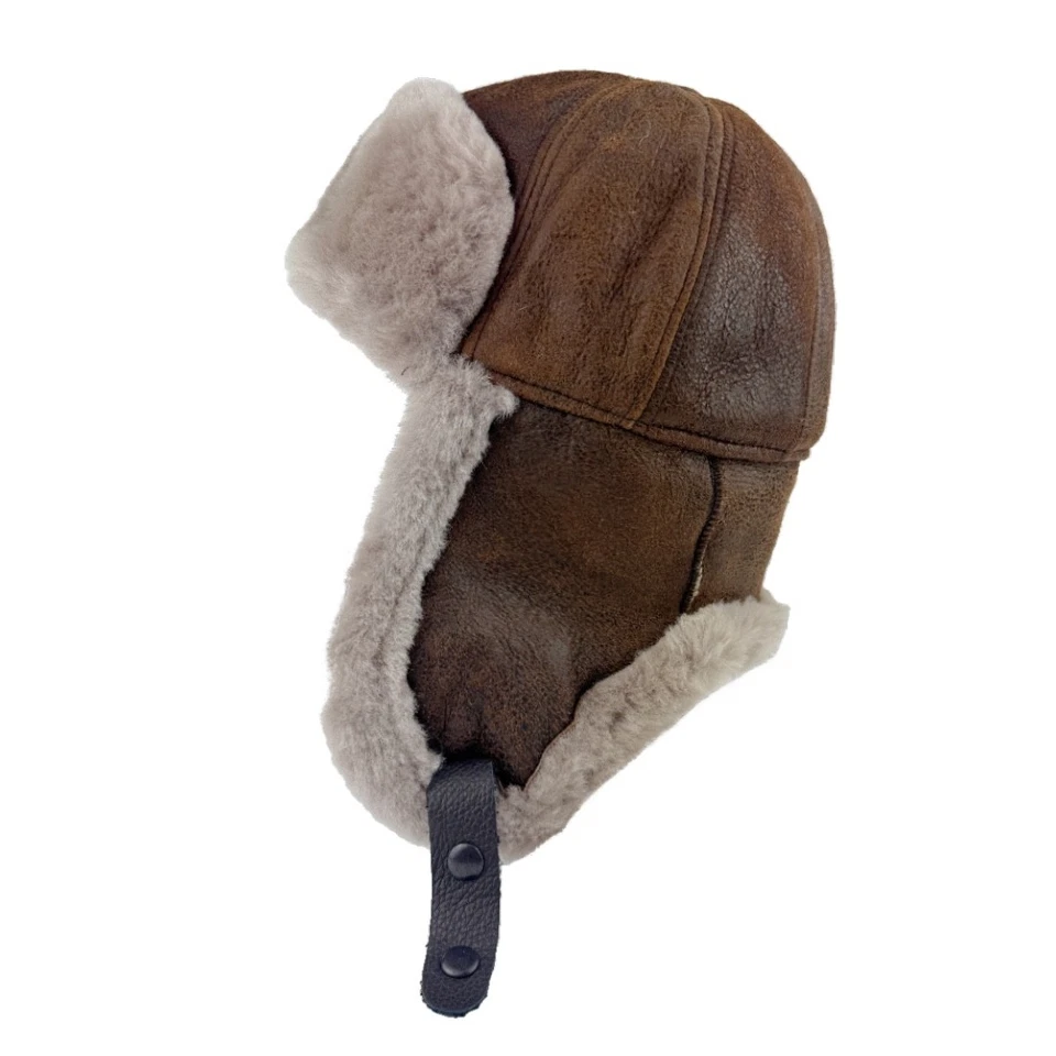 Sombrero trampero de cuero de oveja real hecho a mano — cálido sombrero trampero de invierno para hombres Foto 3 de 4