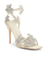 Azalea Wang Romi Size 7 high 4" heeled sandal Rhinestone flowers White Womens