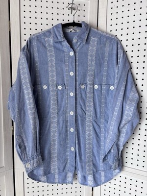 Entity Women's M Button Down Striped Embroidered Chambray Shirt 100% Cotton
