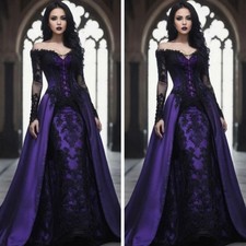 Vintage Victorian Lace Prom Dresses Purple And Black Gothic Wedding Dresses Gown