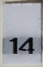 100 pcs WOVEN WHITE CLOTHING SIZE TAB LABELS - SIZE 14