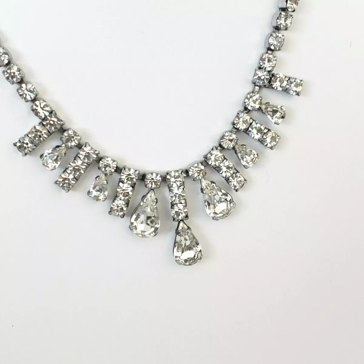 Silver Tone Statement Crystal Necklace Square Tear Drop Prong Set