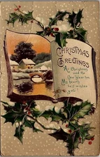 1912 CHRISTMAS GREETINGS COTTAGE SNOW SCENE HOLLY BERRIES POSTCARD 39-124