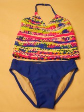 Kids Op Girl SwimSuit Tankini Set Swimwear L 10-12 Blue Multi UPF 50 