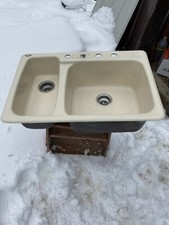 ELJER Drop-In 33" x 22" Almond Beige Cast Iron Double Bowl 4-Hole Kitchen Sink
