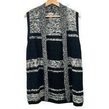 Chico's Sz 2 Large Black White Knit Sleeveless Striped Open Long Cardigan Vest