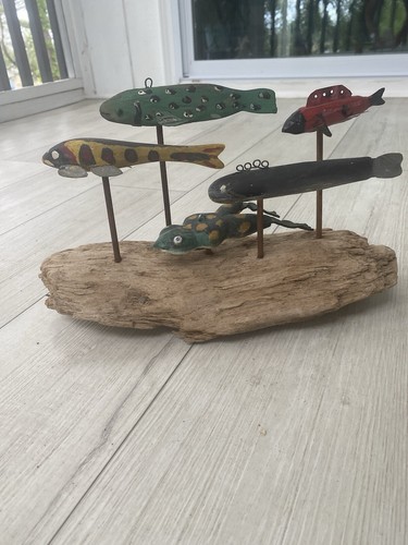 Antique Primitive Fishing Decoys On Driftwood - Picture 8 of 13