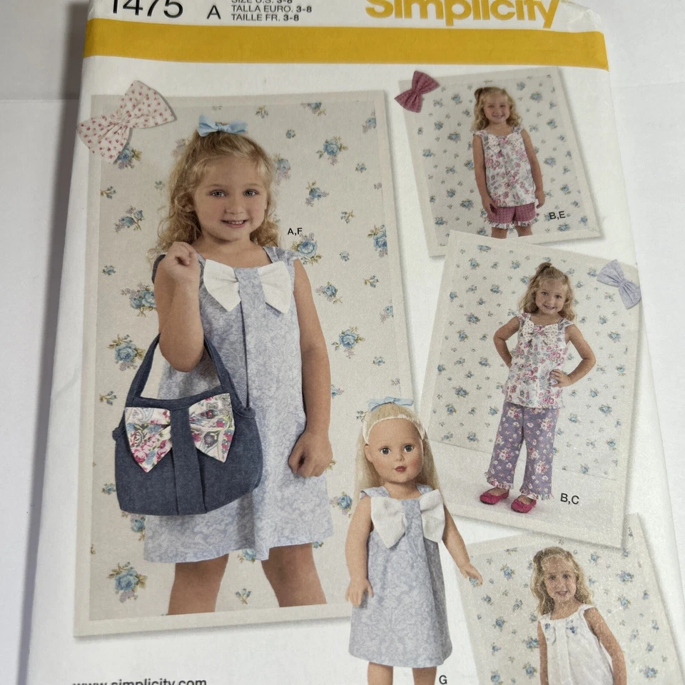 NEW Simplicity Pattern 1475 Girls' sz 3-8 Dress*Top*Pants w Dress for 18" Doll - Image 3 of 4