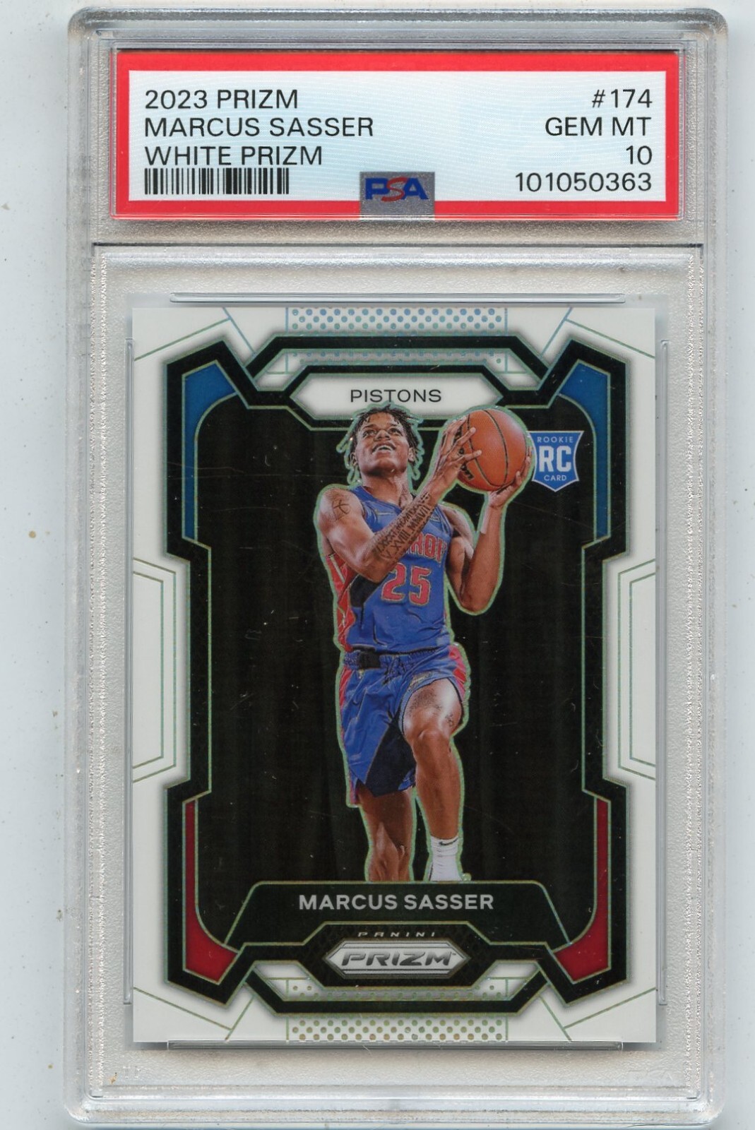 2023-24 PRIZM #174 MARCUS SASSER "WHITE PRIZM" ROOKIE RC #7/175, PISTONS, PSA 10