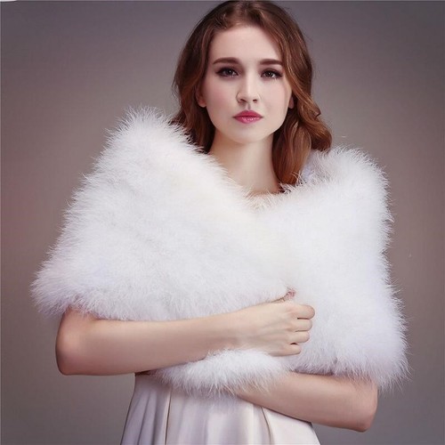Casual Solid Ostrich Feather Shawl Wrap Bride Wedding Stole Turkey Fur Cloak - Picture 2 of 30