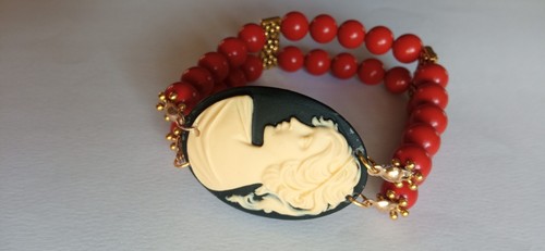 Bracciale donna braccialetto in pasta di corallo rosso doppio filo con cammeo - Picture 15 of 15