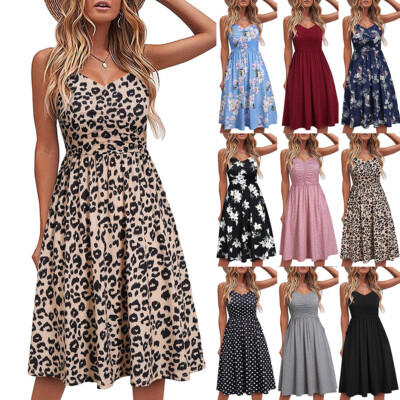 Damen Leopard Blumenmuster Midi Kleid Sommerkleid Boho Strandurlaub A-Lin ￢