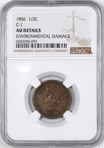 1856 Braided Hair Copper Half Cent C-1 Variety 1/2C - NGC AU Details -