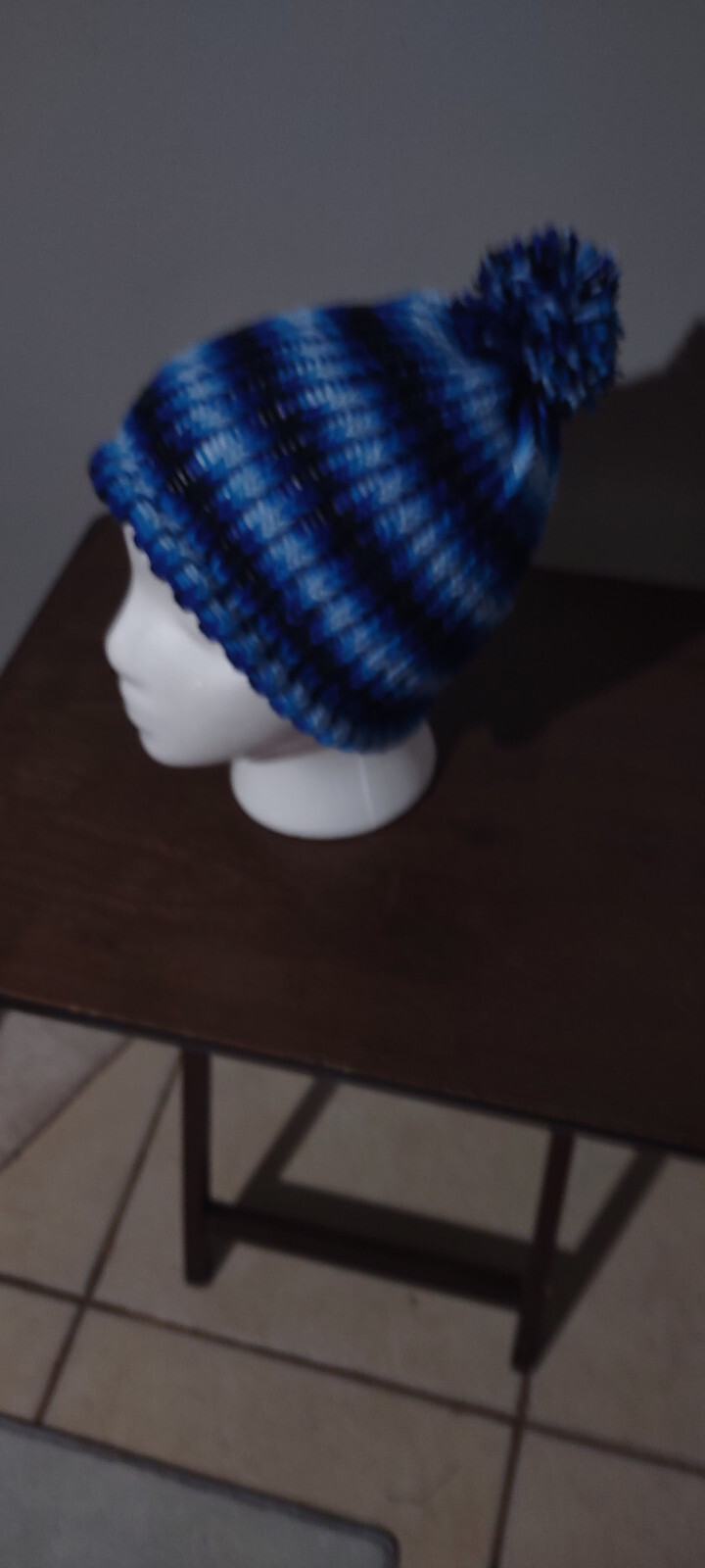 Handmade Crochet Beanie Hat with Pom Pom in Multi Blue Colors-image