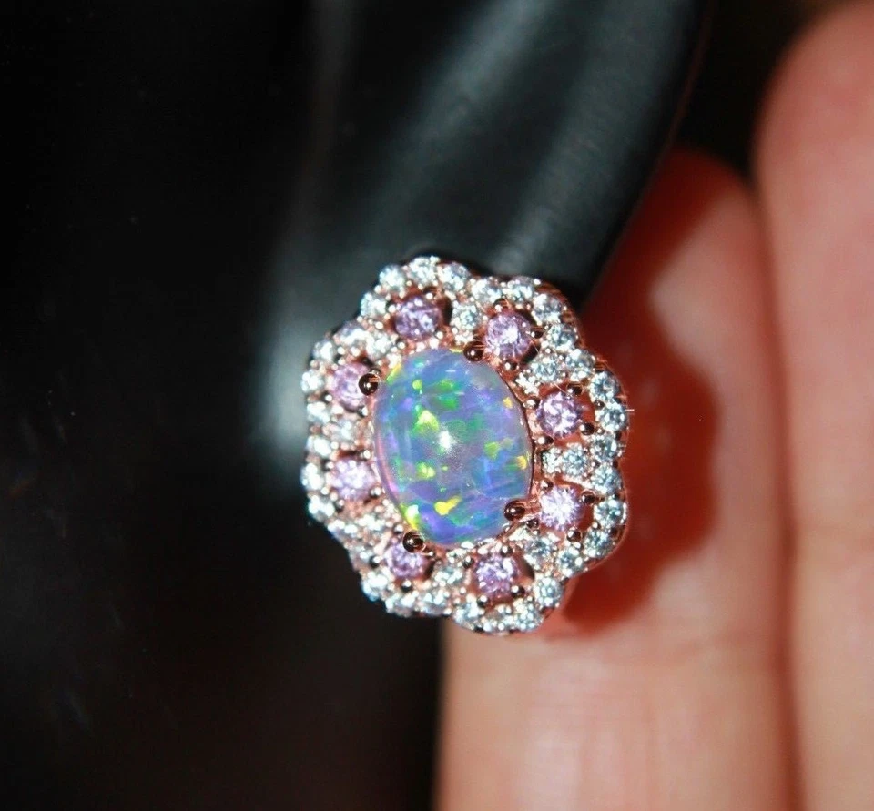 Pendientes ópalo de fuego circonita cúpalo piedras preciosas oro rosa relleno joyería noche cóctel tachuela R Foto 2 de 4