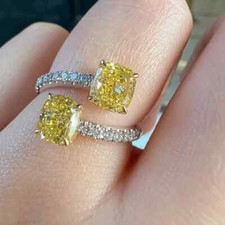 4 Ct Cushion Canary Yellow Diamond Engagement Ring 14k White Gold FN