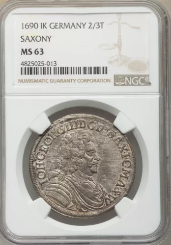 Germany - 1690 - Saxony - 2/3 Taler - NGC MS63 - SECOND FINEST KNOWN