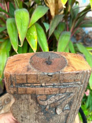 1800's Collectible Old Wooden Hand Carved Rustic Green Table Candle Stand - Picture 4 of 10