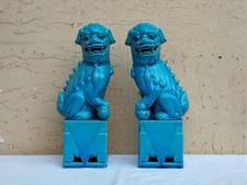 ANTICA COPPIA DI CANI DI FO KOMAINU ORIENTALI IN PORCELLANA TURCHESE ALTEZZA 30