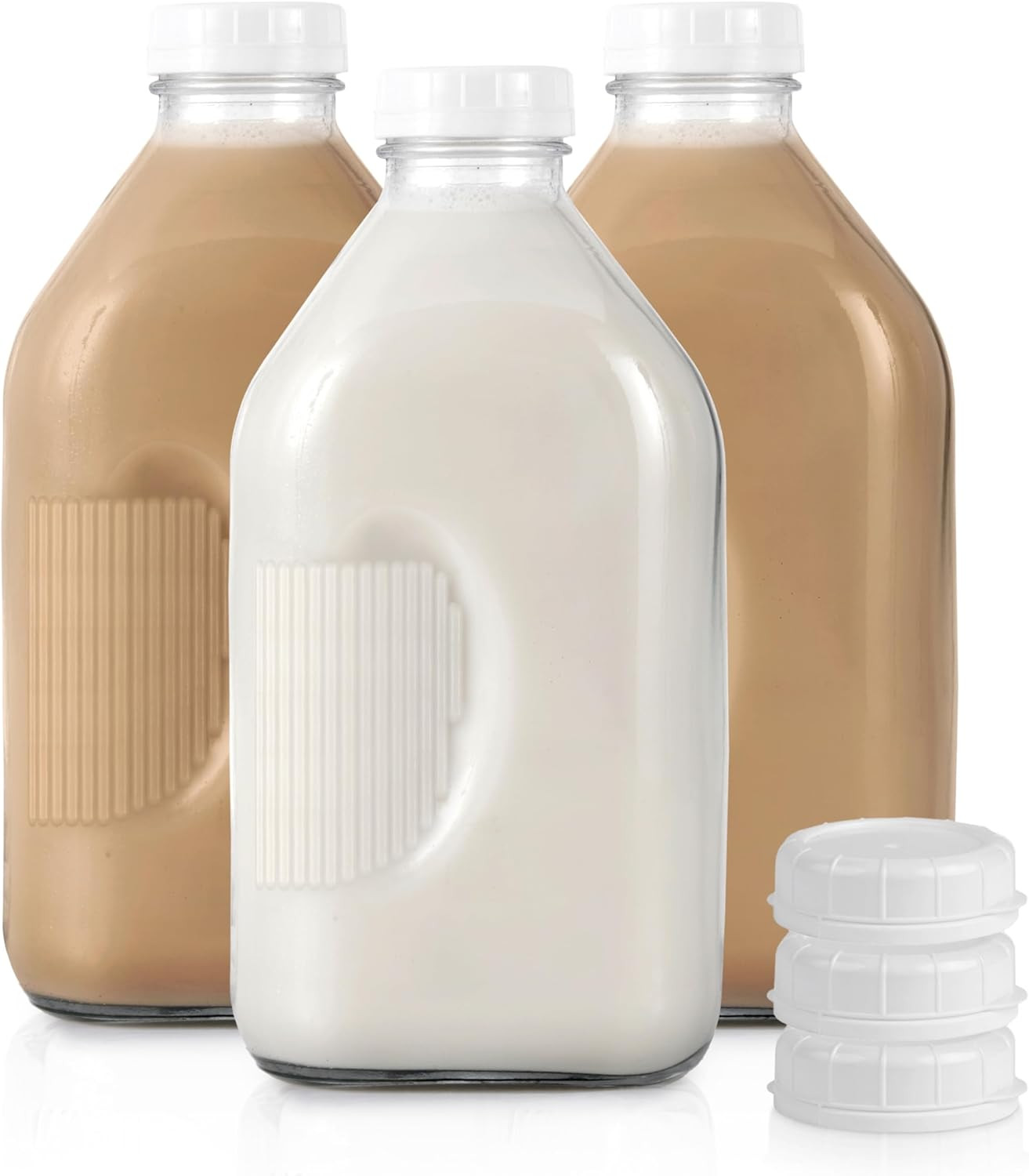 Half Gallon Glass Milk Bottle with Lid (3 Pack) 64 Oz Jugs and 6 White Caps, Reu