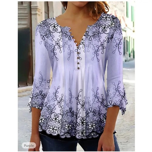 2025 Autumn New Tees For Women's V Neck Button Floral Printed T Shirt Long Flare - Picture 10 of 34