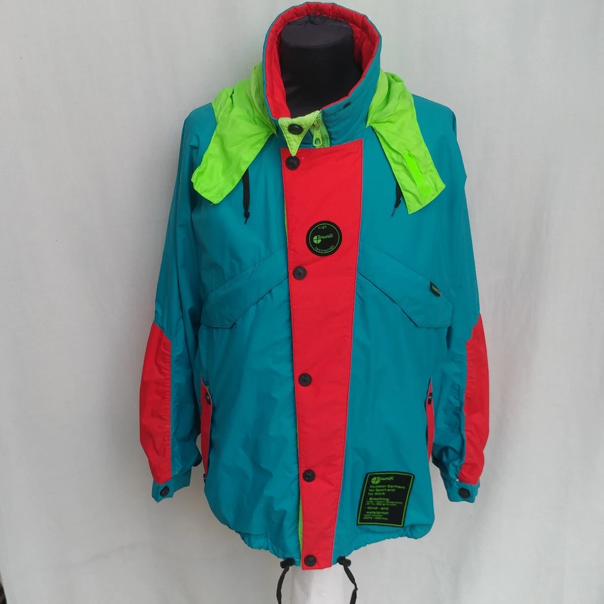 Vintage 90s Brunik Men s Padded Ski Jacket Green Blue Hooded Color