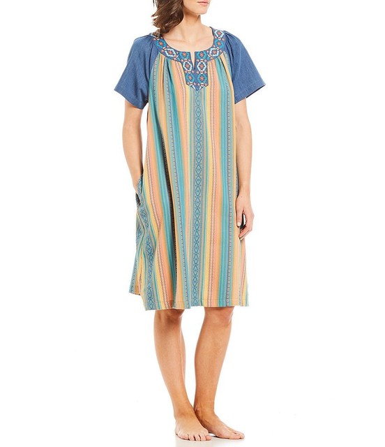 Go Softly Patio Dress Indian Jacquard Womens Size Small Chambray Soft Pockets Go Softly Patio Dress Indian Jacquard Womens Size Small Chambray Soft Pockets