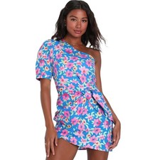 Lulus Thoroughly Sweet Blue Floral Print One-Shoulder Wrap Skirt Mini Dress M