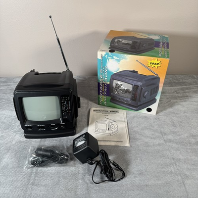 #ad Vintage Portable 5quot; Black amp; White TV with AM FM Radio 502R TESTED NEW OPEN BOX $24.00