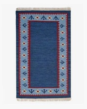 Ancien tapis suédois bleu floral fait main vintage Kilim Boho Flat Weave Area...