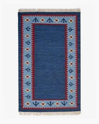 Antique Swedish Rug Blue Floral Vintage Kilim Boho Handmade Flat weave Area Rugs