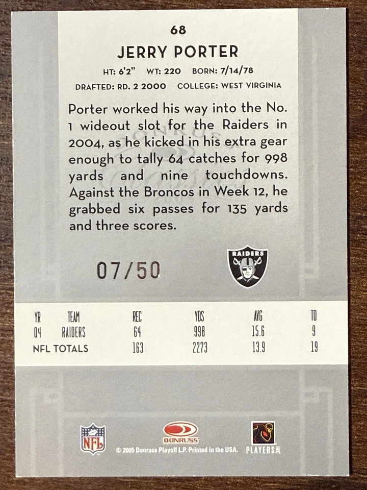 2005 Donruss Classics Jerry Porter /50 Timeless Tributes Silver Color Match SP - Image 2 of 2