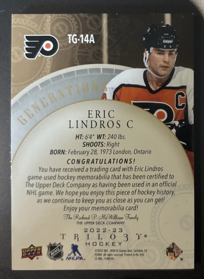 2022-23 Upper Deck Trilogy #TG-14A Eric Lindros Generations #14/15 Patch Rare - Image 2 of 2