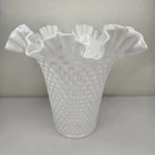 Large Fenton Hobnail Milk Glass Vase with Ruffled Rim 8" Tall Vtg MCM
