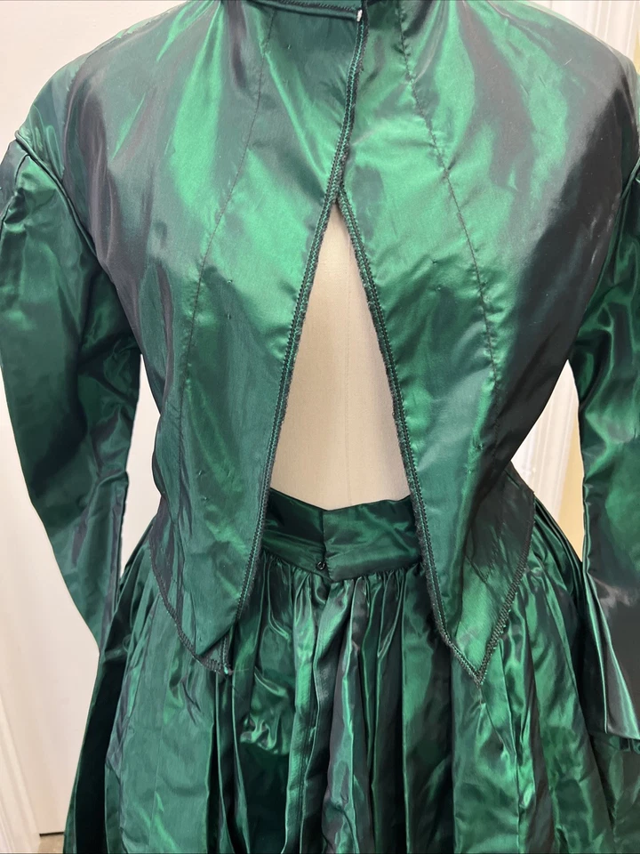 Репродукция 19-го века викторианской гражданской войны незаконченный зеленый шелк платье, SZ Med. - Изображение 4 из 4